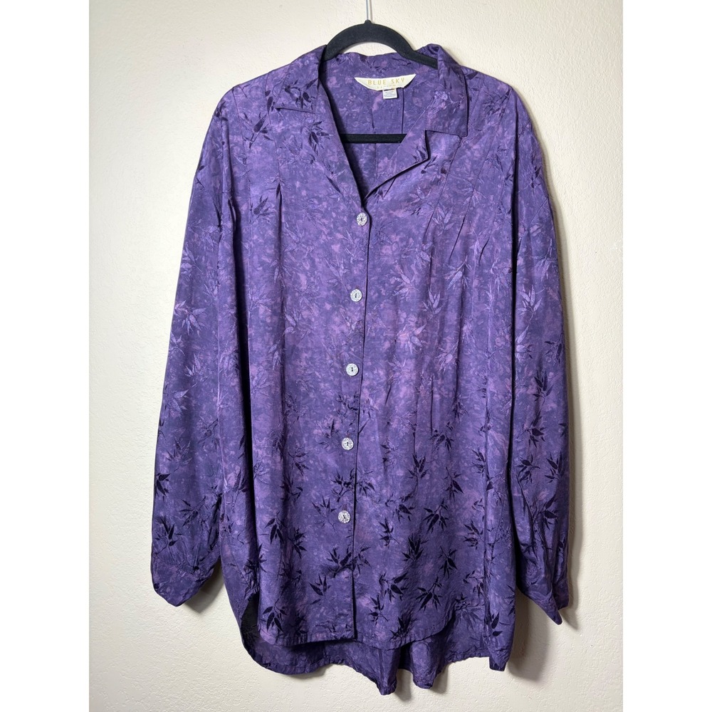 Vintage Blue Sky Design Purple Rayon Blouse Bamboo Jacquard Button Shirt size XL